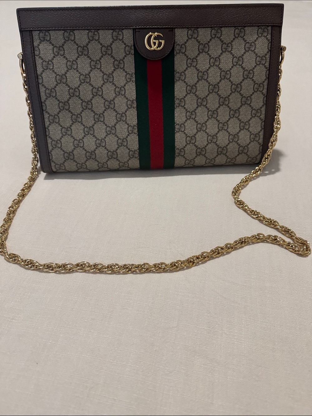 Gucci GG Supreme Chain Crossbody with Green-Red Stripe and Dark Brown Trim